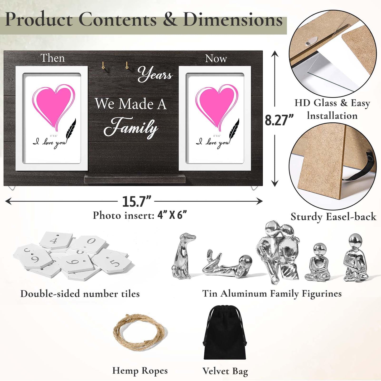 DREAMORIE Then & Now Anniversary Picture Frame with Tin Family Figurines – Rustic Wooden 1-99 Years Wedding Gift for Couples, Custom Number Tiles