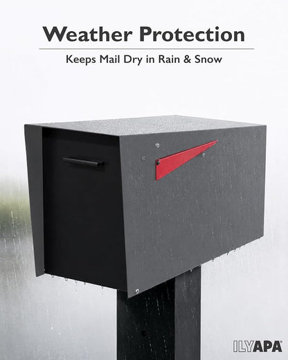 Ilyapa Modern Mailbox with Angle Design Post Mount - Gray Powder Coated Metal Mailbox with Black Door - Waterproof for Parcels, with Magnetic Door