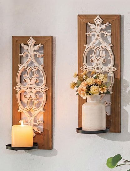 Farmhouse Wood Candle Sconces Wall Decor - Set of 2 Walasis Rustic Wall Candle Holder Decorative Carved Brown Candle Sconce Farmhouse Art Distressed Pillar Candles Holder for Fireplace Decor