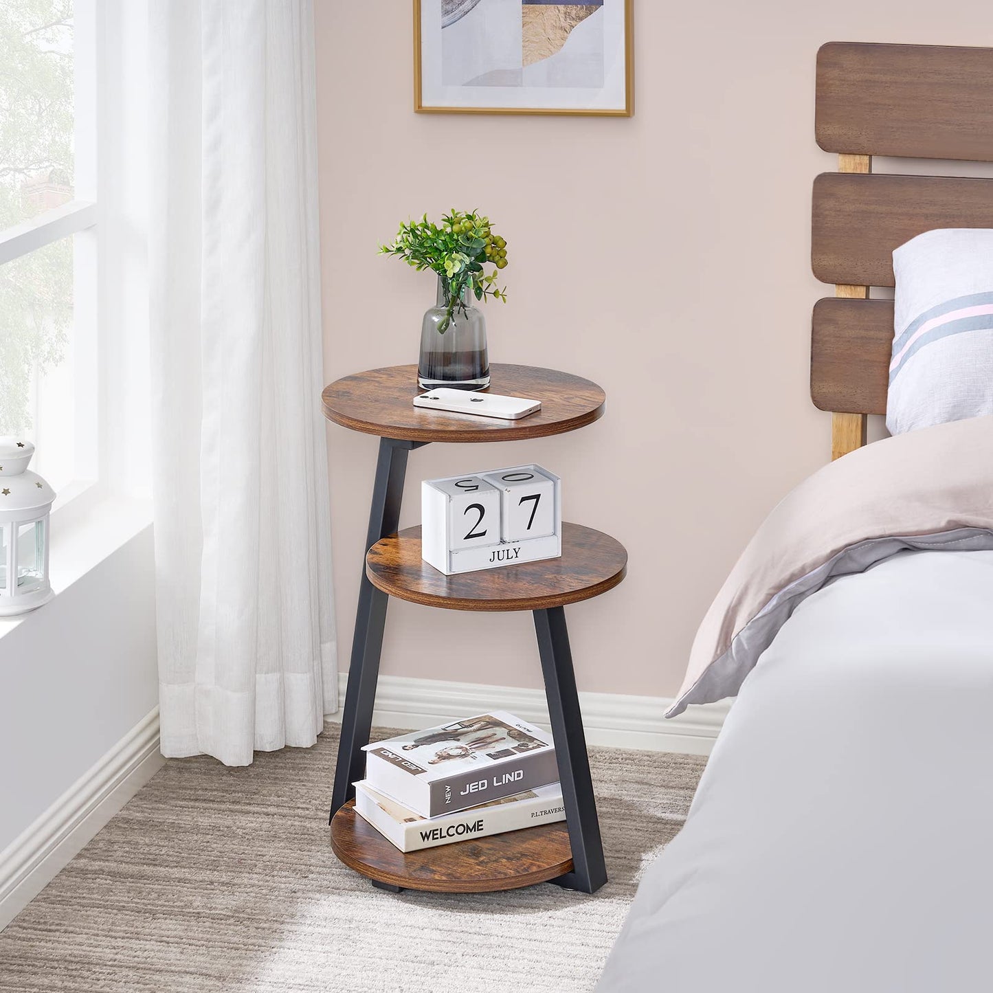 BEWISHOME Round End Table Side Table with Metal Frame, Accent Nightstand Bedside Table with 3-Tier Shelves, Small Couch Coffee Table for Living Room Bedroom Rustic Brown KTZ41Z