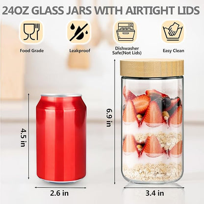 TBWIND 4 Pack 24oz Glass Jars with Bamboo Lids, Spoons, Airtight Overnight Oats Containers, Wide Mouth Mason Jars, Food Storage Container for Yogurt Salad Snacks Spice Sugar Meal Prep – Reusable