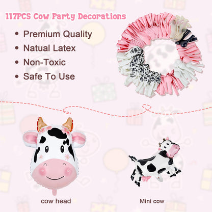 Amandir 115PCS Pink Cow Party Decorations - Balloon Garland Arch Kit with Cow Print Balloons, Happy Birthday Banner, Cake Topper for Girl Baby Shower, Farm Animals Themed Birthday Party Supplies