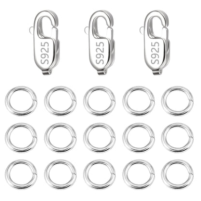 925 Sterling Silver Jewelry Making Lobster Claw 10mm, 23PCS Italian Rectangle Trigger Clasps with Open Jump Rings Set, Small Necklaces Bracelet Connector Clasp Supplies Silver Jewelry Finding Set