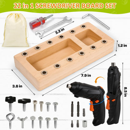 Montessori Screwdriver Board Set with Electric Drill, Wooden Montessori Busy Board Toys Screw Driver Activities Tools for 3 4 5 Year Old Kids, Sensory Learning STEM Fine Motor Skills Toys for Boys