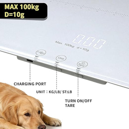 Digital Pet Scale for Dogs and Cats, Large Dog Scale,Max 220lbs,Rechargeable Version, 3 Weighing Modes lbs,kg,st,Precision 10g, 27.16×12.99 Inches