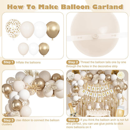 Ouddy Life White Gold Birthday Party Decorations Kit for Women Girls, Happy Birthday Banner, Sand White Metallic Gold Foil Confetti Balloons, Fringe Curtain, Cake Topper, Pompoms, Butterfly Supplies