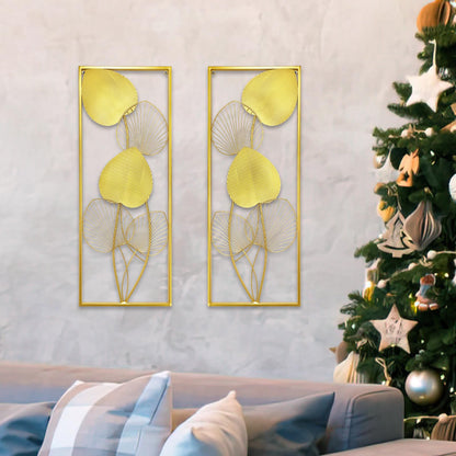XUANYUQL 2 Pieces Metallic Leaves Wall Decors Luxury Golden Metal Art Wall Sculptures 32" X 12" Modern Wall Hanging Sculptures with Frame for Bedroom Living Room Kitchen Dining Room Office