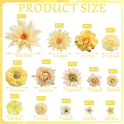 RUIDKUN Fake Flowers Heads Bulk Yellow Mini Artificial Silk Flower for Crafts, Small Artificial Daisy Roses Faux Flowers for Graduation Cap DIY Cake Wedding Party Home Garland Decoration