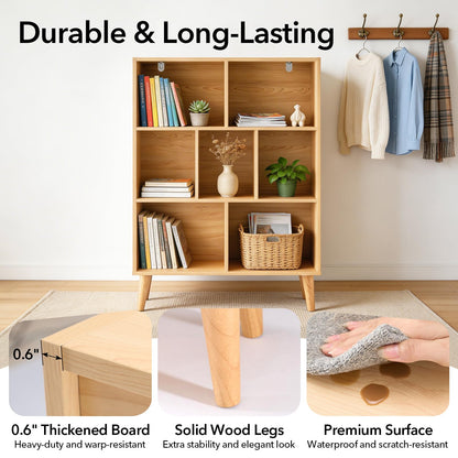 DUMOS Book Shelf, 7 Cube Storage Organizer with Legs, 3-Tier Modern Wooden Bookcase, Open Standing Display Shelf for Living Room, Bedroom, Office, Light Pine