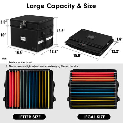 ETRONIK Fireproof Document Box with Lock, 2 Layer File Cabinet Organizer with 5 Tab Inserts, Portable Office Collapsible File Storage with Reflective Strip for Hanging Letter, Legal Size Folder