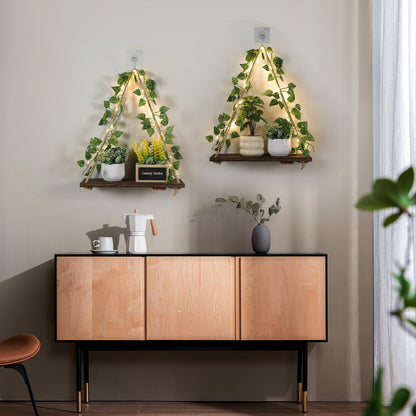 EXIN DECHEN Floating Shelves for Wall No Drilling,Wall Shelves,Hanging Shelf,Leaves and Light Strip with Flower,Set of 2 Plant Decor for Home Livingroom Bedroom,Led Room Decor Aesthetic,Gift