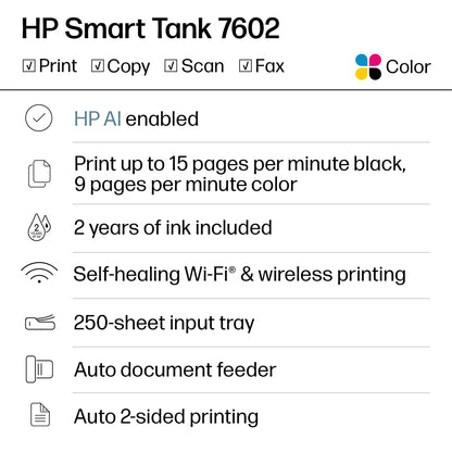 HP Smart Tank 7602 Wireless All-in-One Ink Tank Printer, Scanner, Copier with 2 Years of Ink Included, Best-for-Home Office, Cartridge-Free Refillable, AI-Enabled (28B98A)