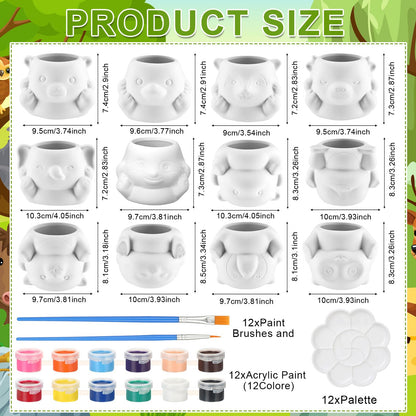 Chuangdi 12 Sets Ceramics to Paint 12 Style DIY Ceramic Succulent Planter Pots Unpainted Bisque Flower Pots Paintable Craft with Drainage Hole, Paints, Brushes, Palettes