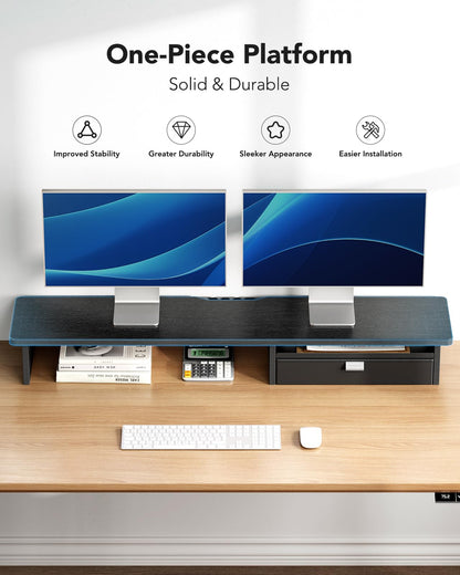 HUANUO Large Dual Monitor Stand with Drawer, Wood Monitor Stand Riser for 2 Monitors with Storage & Cable Management, Desktop Organizer up to 55" fit Monitor, Computer, TV, Printer