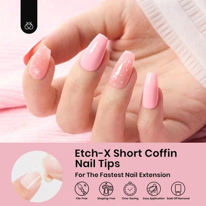 Beetles Gel Nail Kit Short Almond with Nail Dehydrator and Primer, 576Pcs Half Matte Etch-X Gel Nail Tips Solid Nail Glue Mini Nail Lamp Acrylic Nail Tips Easy DIY Nail Extension Set Gift for Women