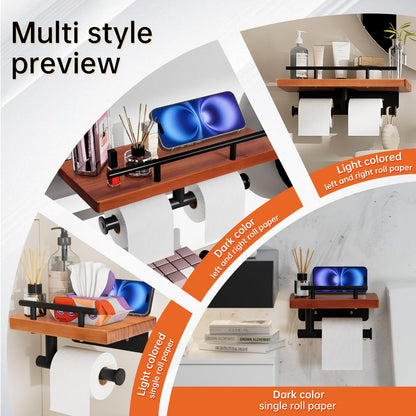 Toilet Paper Holder with Wood Shelf, Wall Mount Toilet Paper Roll Holder with Wooden Shelf and Matte Black Stainless Steel Pipe, Tissue Roll Holder for Bathroom Washroom (Light Brown, 13.8'' x 5.9'')