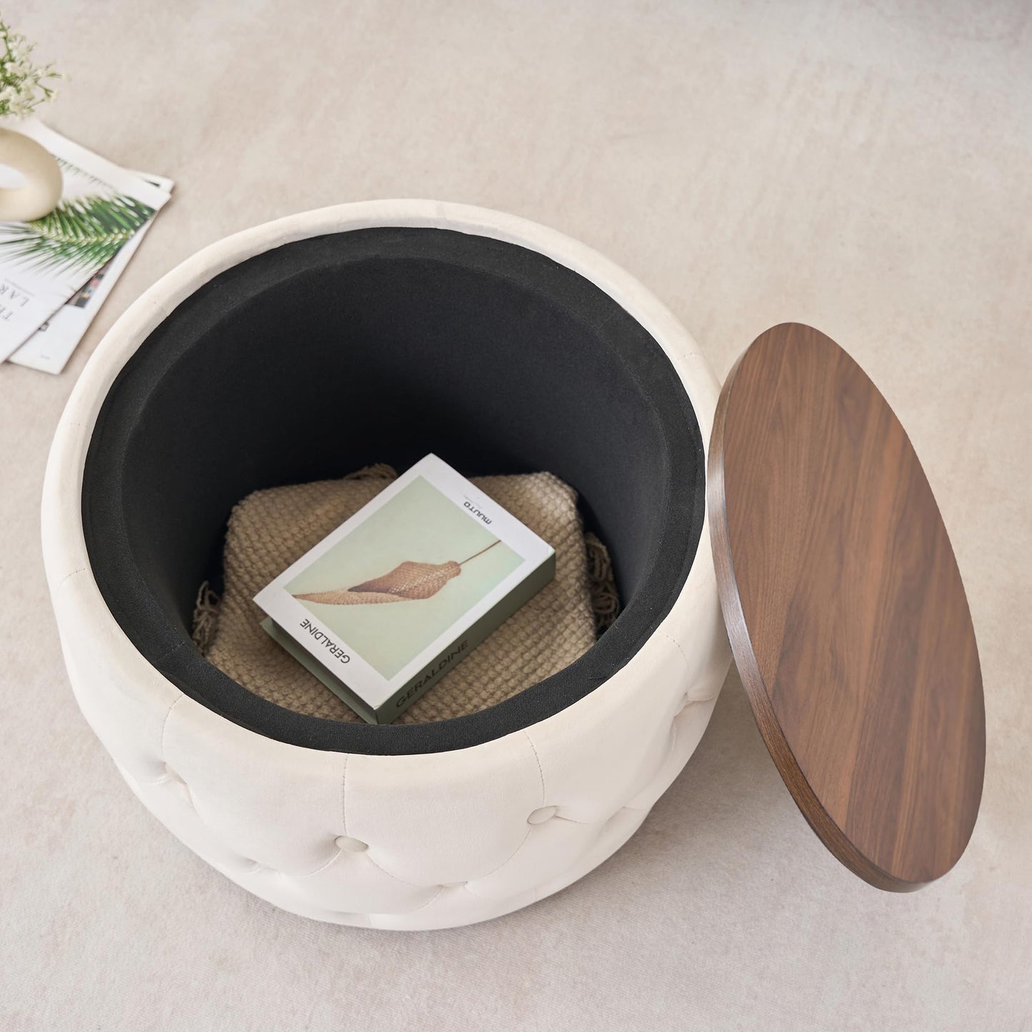 KEIKI Luxurious Velvet Nesting Ottomans of 2, 4-in-1 Round Storage Foot Stool with Removable Wood Tray, Multi-Functional Accent Tables Set, Beige