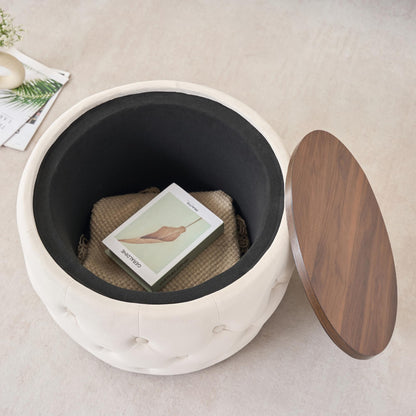 KEIKI Luxurious Velvet Nesting Ottomans of 2, 4-in-1 Round Storage Foot Stool with Removable Wood Tray, Multi-Functional Accent Tables Set, Beige
