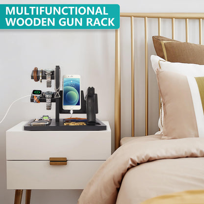 Pistol Rack for Gun Safe, Wooden Handgun Rack Holder for Gun, Wood Phone Docking Station with Magnetic Groove as Nightstand Organizer as Gifts for Men Boyfriend Husband Father in Birthday Christmas