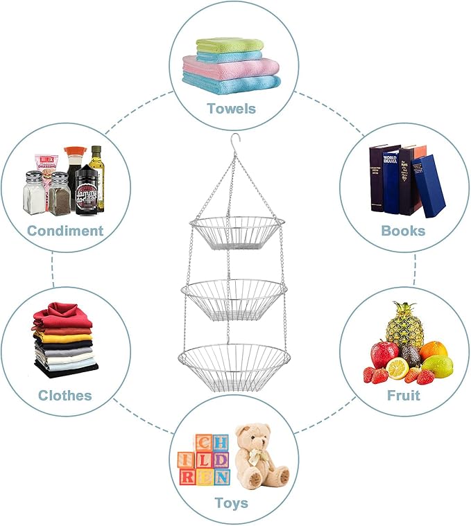 3-Tier Wire Fruit Hanging Basket 2 Packs, non-Punching Wall Hanging Storage