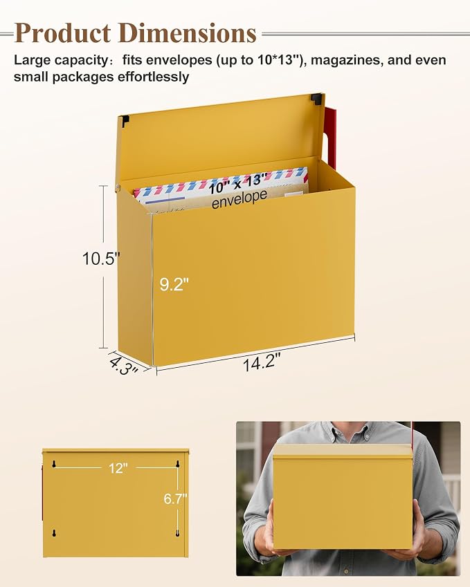 Wall-Mount Mailbox for Outside, Large Capacity Rust-Proof Mail Box with Stay-Open Lid & Red Flag Kit, Galvanized Steel Weather-Resistant Post Box for House Outside, 10.5"x4.3"x14.2", Yellow