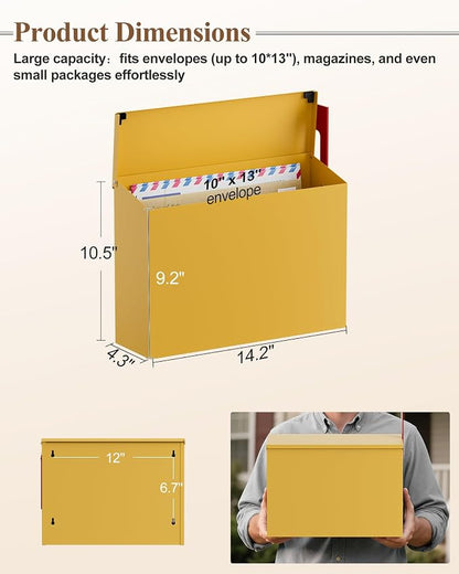 Wall-Mount Mailbox for Outside, Large Capacity Rust-Proof Mail Box with Stay-Open Lid & Red Flag Kit, Galvanized Steel Weather-Resistant Post Box for House Outside, 10.5"x4.3"x14.2", Yellow