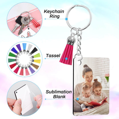 Modacraft 120Pcs Sublimation Keychain Blanks Bulk Set with Rectangle Sublimation Blanks Tassels Keychain Rings & Jump Rings for DIY Keychains Crafting