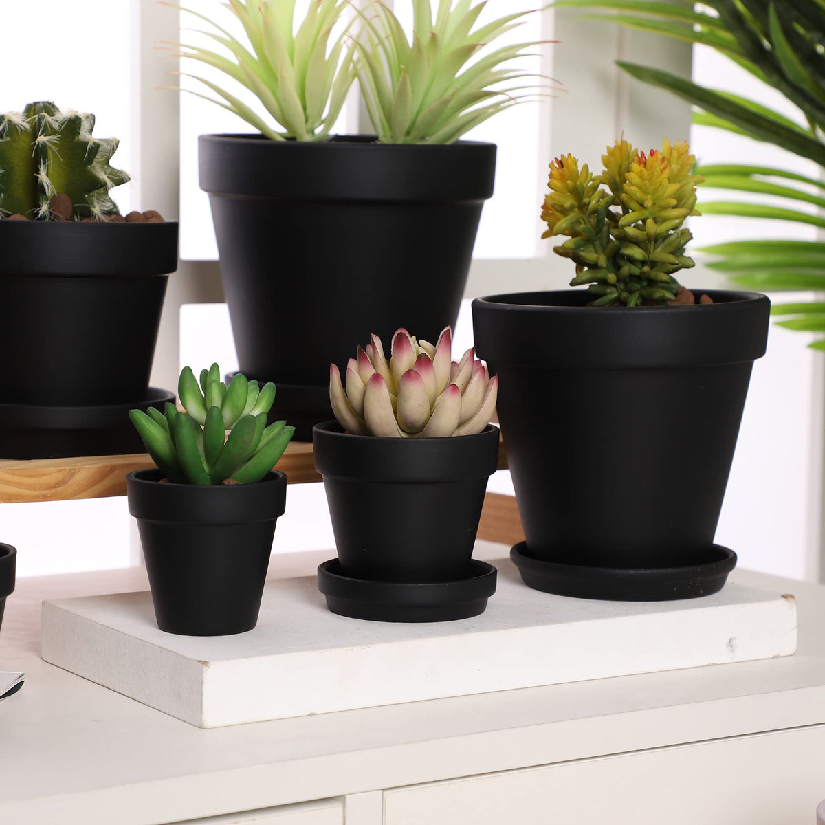 Yishang Large Terra Cotta Pots with Saucer- 6 Pack Large 6'' Terra Cotta Plant Pot with Drainage Hole, Flower Pot with Tray, Terracotta Pot for Indoor Outdoor Plant(Black)