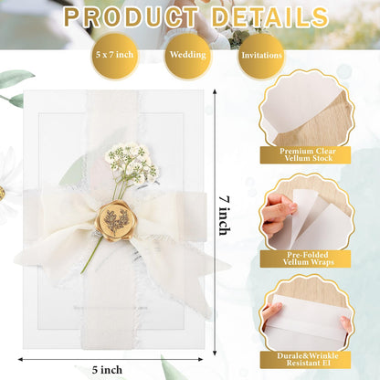 Fuyoooo 30 Set Wedding Invitations Wraps Set Pre Folded Vellum Jackets for 5 x 7 Invitations Self Adhesive Gold Wax Seal Stickers Dried Baby's Breath Flowers Chiffon Silk Ribbon for Craft DIY