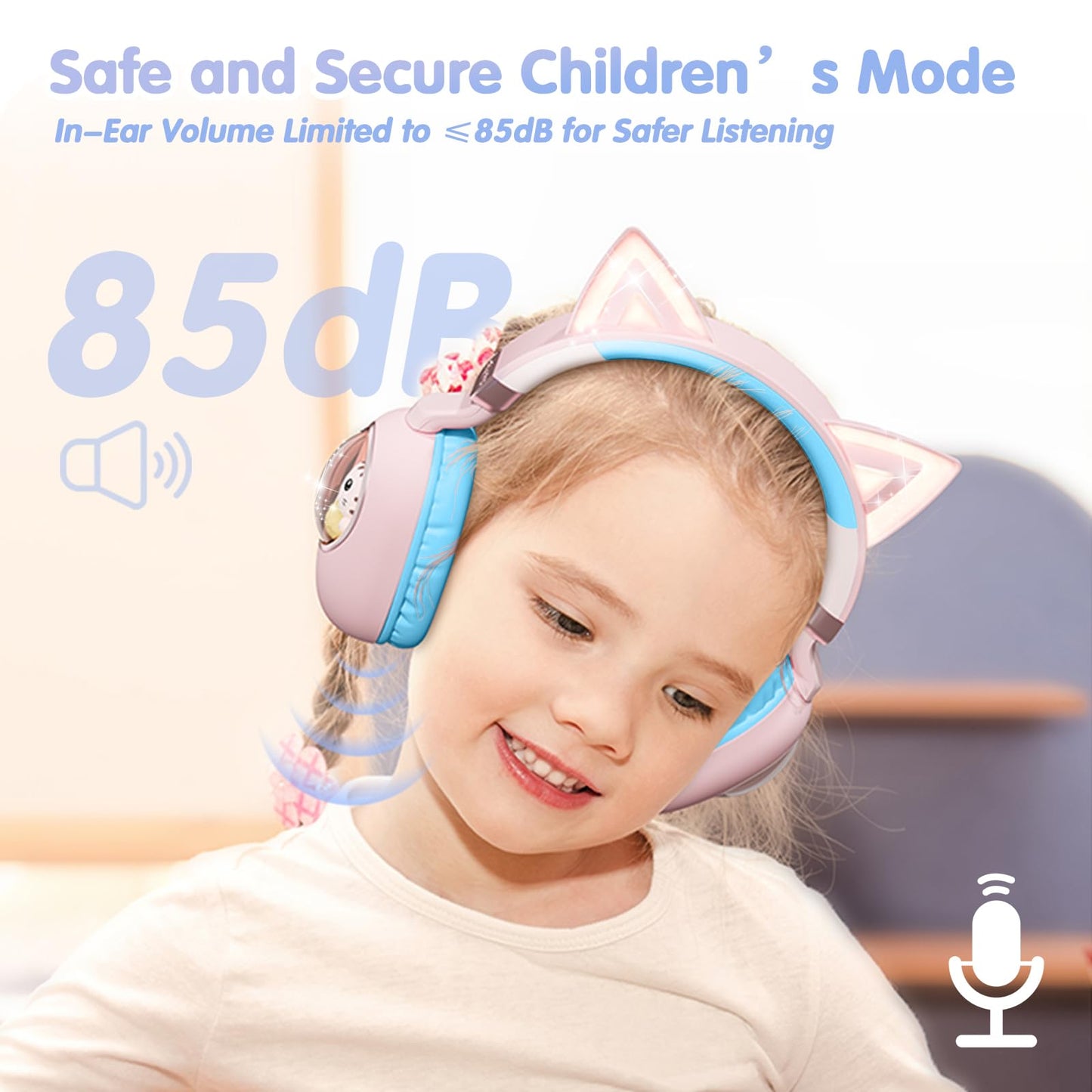 esonstyle Kids Headphones Cat Ear - Bluetooth 5.4 Over-Ear Noise Cancelling Headphones with Microphone LED Lights Up 85dB Safe Volume Limit Wireless or 3.5mm Wired USB C(Pink Blue)