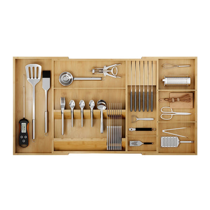 Landmok Bamboo Silverware Drawer Organizer, 17.72-29.53 Inch Expandable Large Kitchen Drawer Organizer, 5-8 Slot Flatware with Removable Card Slots & Knife Block for Spoon Butter Knive, Natural