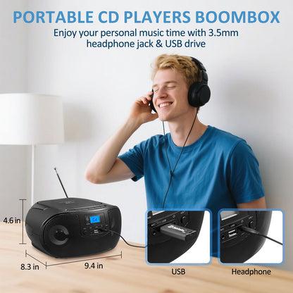 Portable CD Player Boombox with FM Radio, Top Loading CD Stereo Boom Box for Home, Bluetooth, Remote Control, LED Light, Headphone/Mic Jack, Support CD-R/RW/MP3-CD, USB, LCD Display, Black