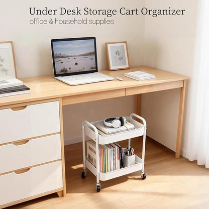 Under Desk Storage Cart 2 Tier Utility Rolling Cart with Wheels, Small Metal Mobile Trolley with Handle Two Tiered Utility Organizer Roller for Kitchen Office Bathroom Pantry Room, White