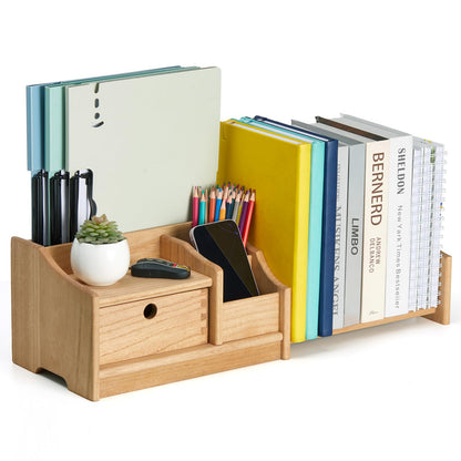 KIRIGEN Desktop Bookshelf Organizer with Drawer, Expandable Wood Desk Shelf, Fully Assembled Book Rack for Office Supplies, Files and Notebooks, Brown, 12.24 to 22.7 in Adjustable Width, SSSJ-S-NA
