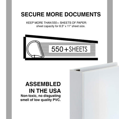3 Ring Binder 3 Inch D-Ring, Holds 725 Sheets, 6 Pack White with Clear View Covers & 2 Pockets for 8.5x11 Paper, Heavy Duty Binders Assembled in USA for Office and School Supplies
