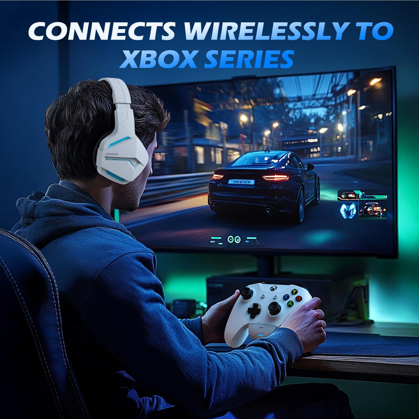 BINNUNE Wireless Gaming Headset for Xbox Series X/S, Xbox One, PS5, 120H Ultra-Long Battery, Bluetooth 5.3 Gaming Headphones with Noise-Canceling Mic, Comfortable Over-Ear Headphones,White
