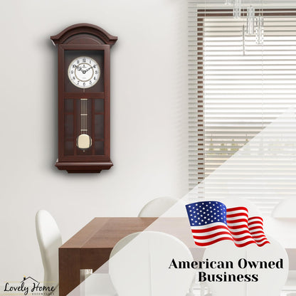 Pendulum Wall Clock - 27 inch Wooden Hanging Grandfather Wall Clock with Pendulum - Real Wood, Quiet, Non-Chiming & Battery Operated for Living Room Decor, Office & Home Décor Gift
