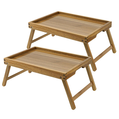 VaeFae Acacia Bed Table Tray, Wooden Breakfast Tray with Folding Legs, Bed Tray for Eating and Laptop, Eating Trays for Bedroom, (2 Pack)