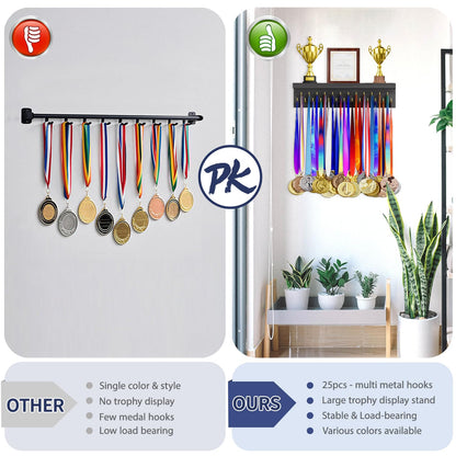 DSVENROLY Medal Holder Display Trophy Shelf Organizer, Sturdy Wooden Race Award Hanger Rack with 25 Steel Hooks, Wall Mount Storage Stand for Sports Fans, Cheer Success, Retro Grey