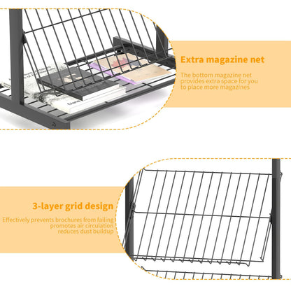 lesolar Floor-Standing Magazine Rack with Poster Board Stand, 4-tier Metal Magazine Rack with Wheels, Newspaper Holder, Book Brochure Display Stand, Poster Sign Holder for Exhibitions Store Business
