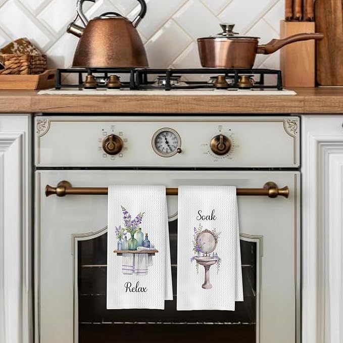 Farmhouse Purple Botanical Bathroom Hand Towels, Relax Breathe Soak Unwind