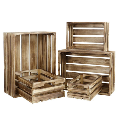 MACVAD 5-Piece Rustic Burnt Brown Wooden Crates Set, Wall Mountable Slatted Storage Crates with Handles, Farmhouse Wooden Crates for Display & Organizer for Home Decor
