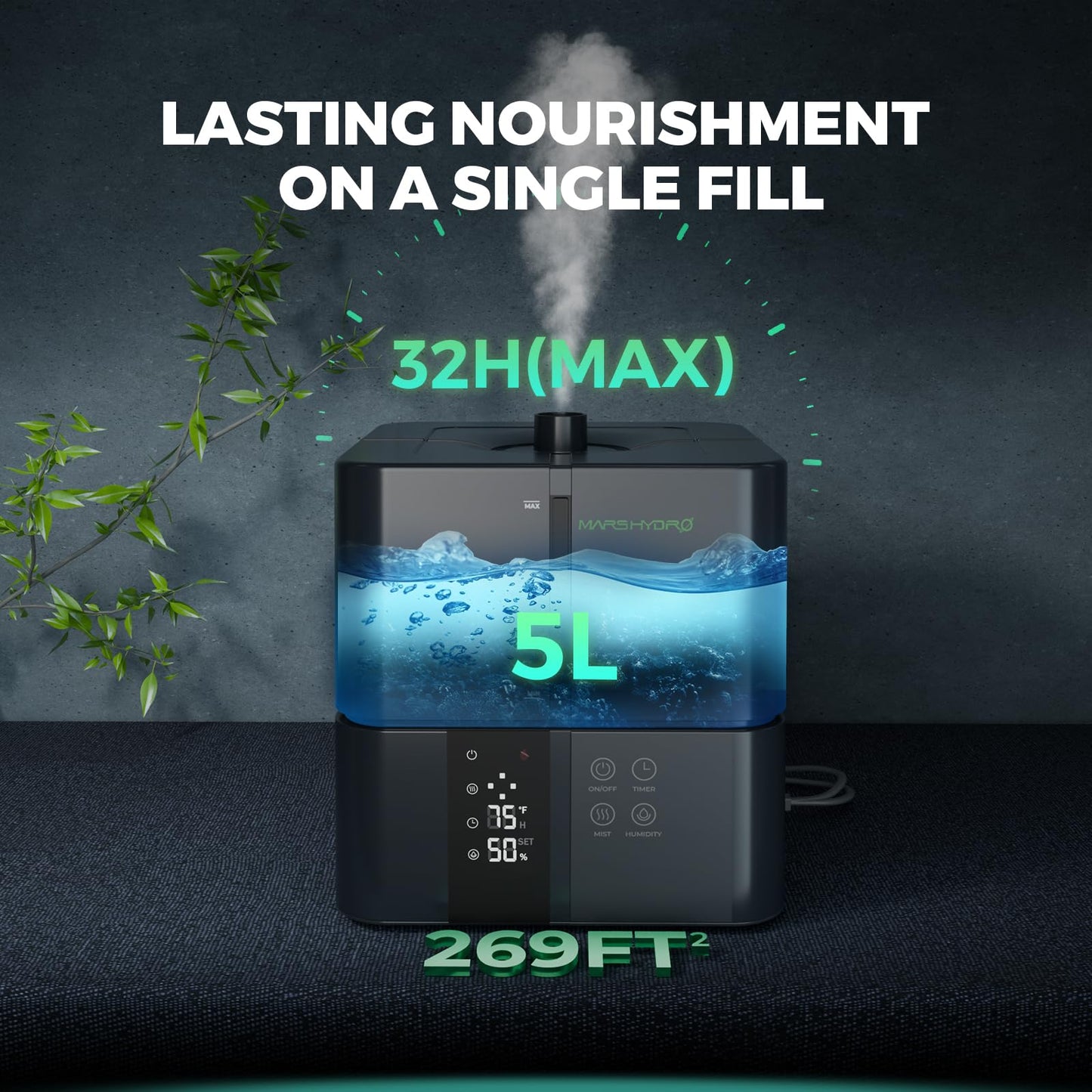 MARS HYDRO Plant Humidifier 5L,with Adjustable Humidity,Timer Function,Ultrasonic Precise and Silent Operation,No-Leak Seal for Grow Tent,Indoor Planting,Greenhouse,Bedroom