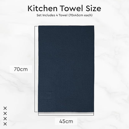 Encasa XO Kitchen Dish Towels Set | Navy Blue | Waffle Weave and Flat Hand Tea