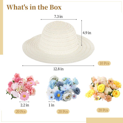 OMISTAR 70 Pcs DIY Straw Hat Kit, Tea Party Hats, Paintable Blank Sun Hats with 60 Assorted Faux Flowers, Party Craft Kit for Camping, Picnic, Beach Trip, Dress Up Party