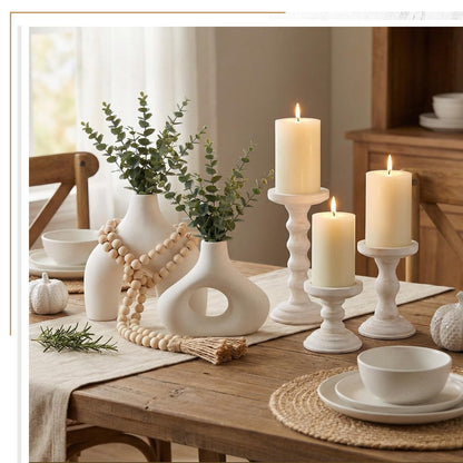 LemonRoad Farmhouse Fireplace Home Decor Set of 6 with 3 Pack Rustic Wooden Pillar Candle Holders, 2 Set Modern Vase for Living Room, 58'' Wood Bead Garland Tassels, Tabletop Dinning Buffet Decor