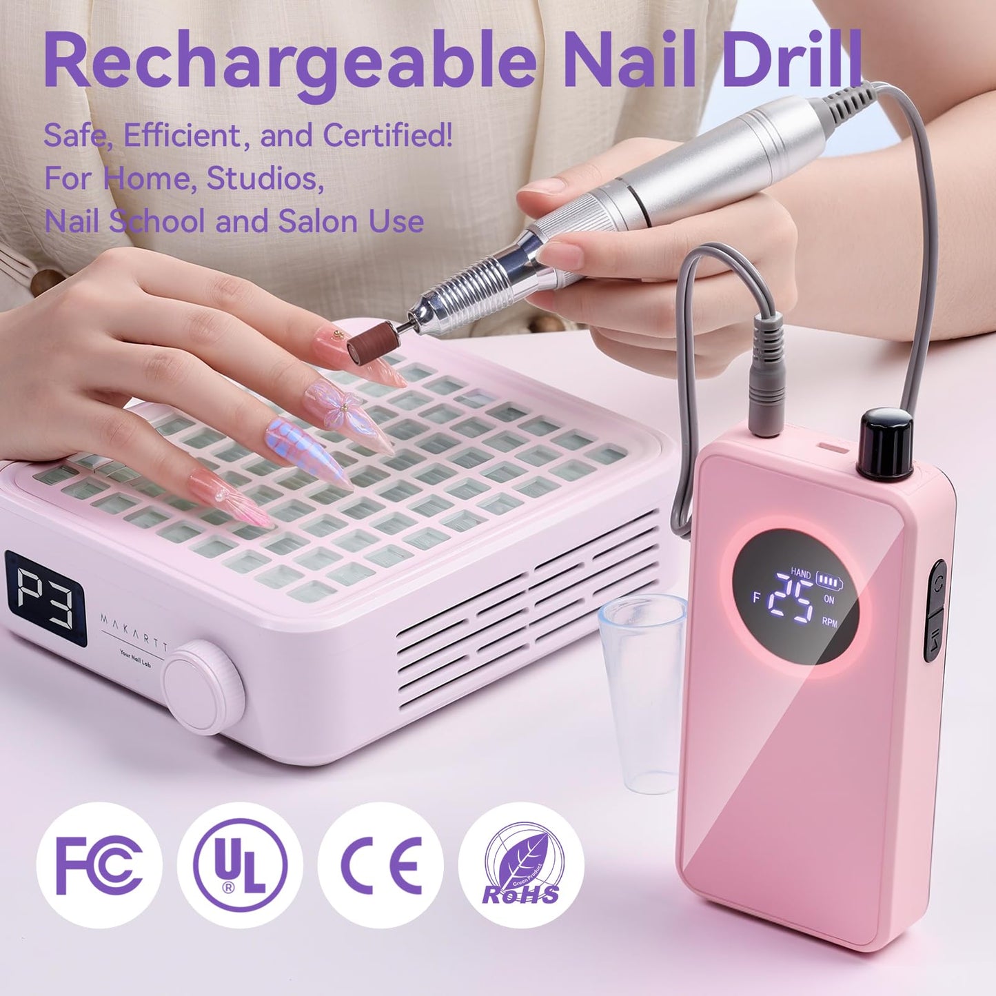 Makartt Nail Drill Professional: 60W 35000RPM Electric Nail File with Coreless Motor, 2 in 1 Desktop & Portable, Drill Bits and LCD Display for Acrylic Gel Nails, Nouvella Pink