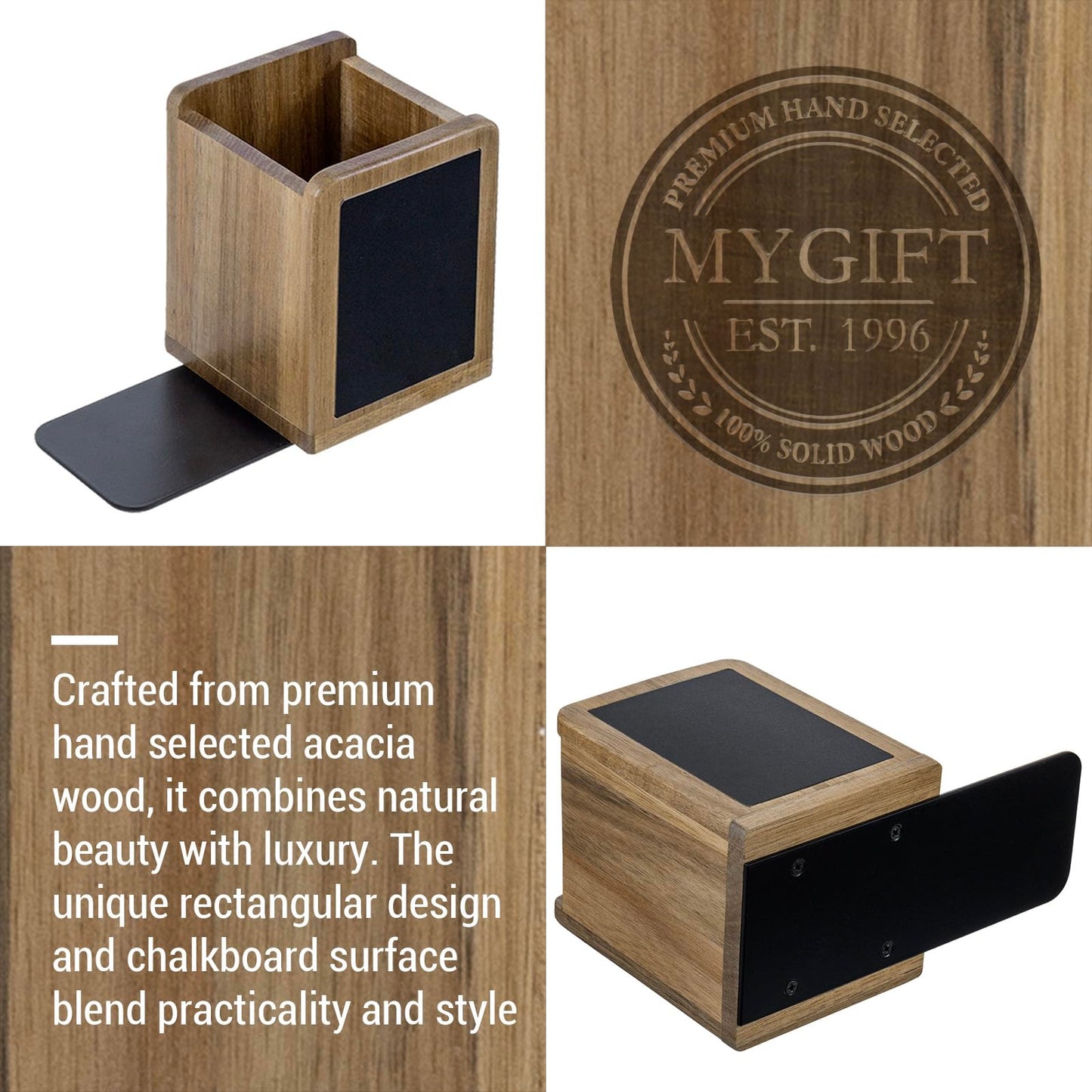 MyGift Wood Bookends and Pen Holders with Chalkboard Labels, Book Ends for Office Desk Shelves, Natural Wooden Rectangular Pencil Cups, Premium Acacia, 1 Pair