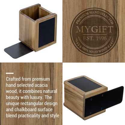 MyGift Wood Bookends and Pen Holders with Chalkboard Labels, Book Ends for Office Desk Shelves, Natural Wooden Rectangular Pencil Cups, Premium Acacia, 1 Pair