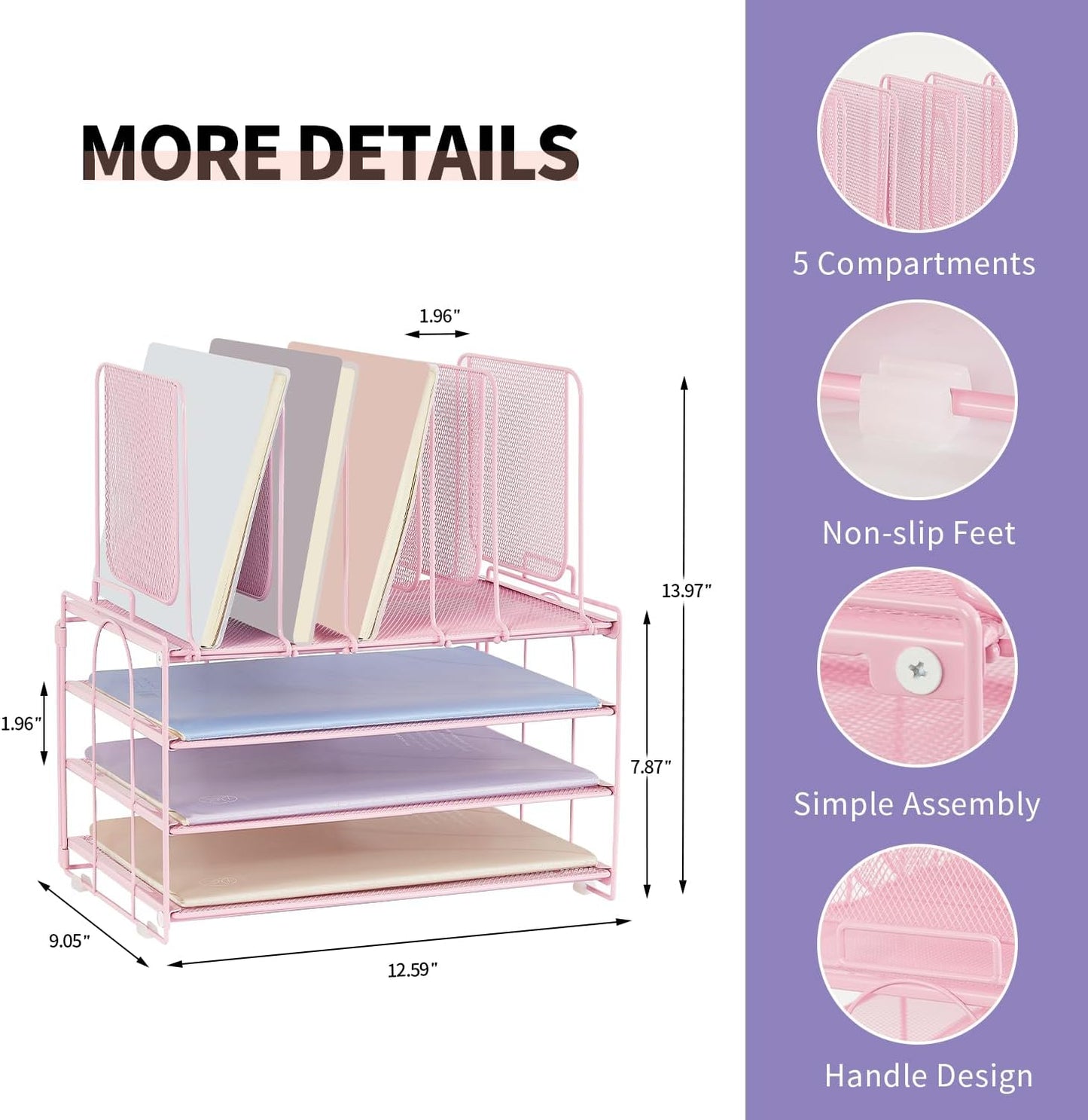 Paper Desk Organizer, 3-Tier Letter Tray with 5 Vertical File Holders, Multifunction Desktop Folder Organizers and Accessories for Home Office(Pink), LK-3CB